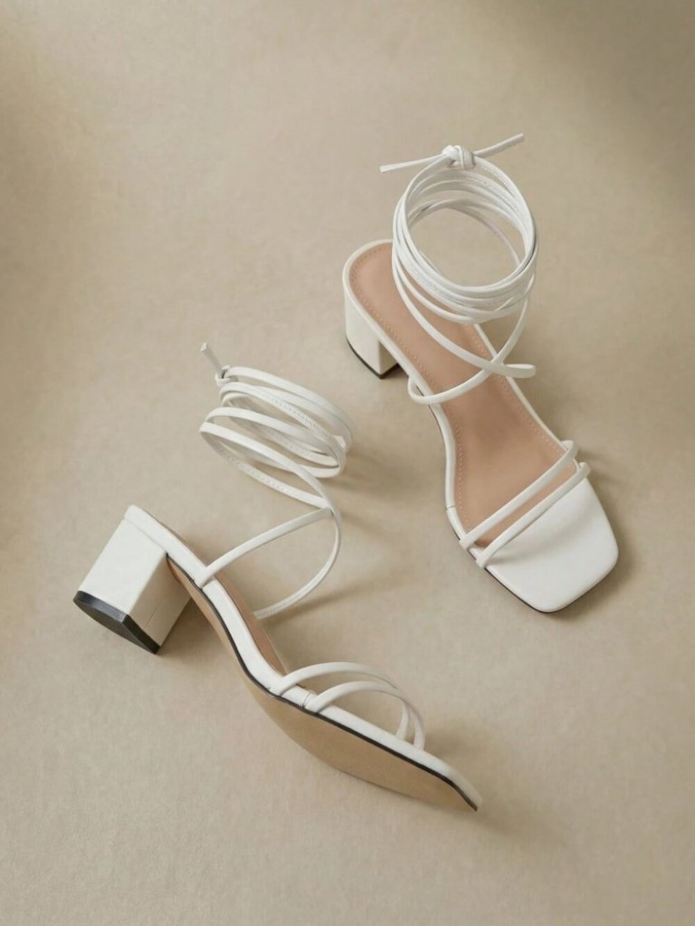 White Strappy Lace-Up Block Heel Sandals